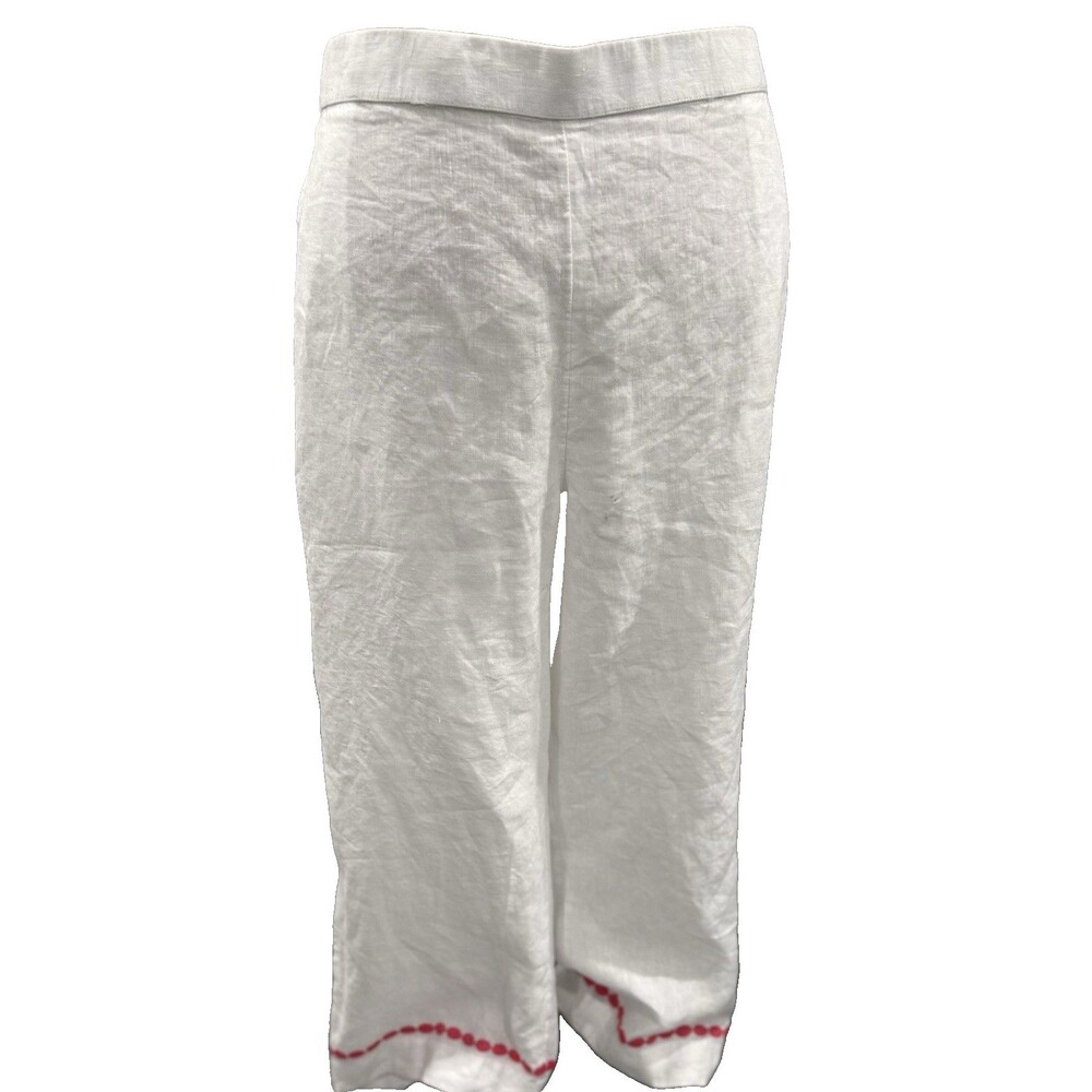 Charter Club XXL White 100% Linen Wide Leg Cropped Pants With Pink Embroidery